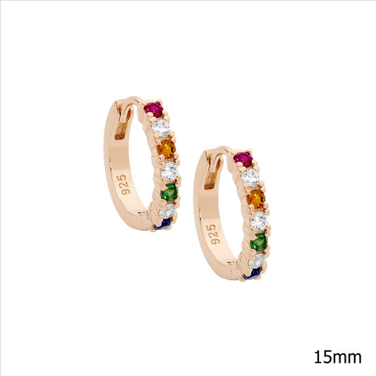 Sterling Silver Rose Gold Plated White And Multi Coloured Cubic Zirconia 15Mm Huggies
