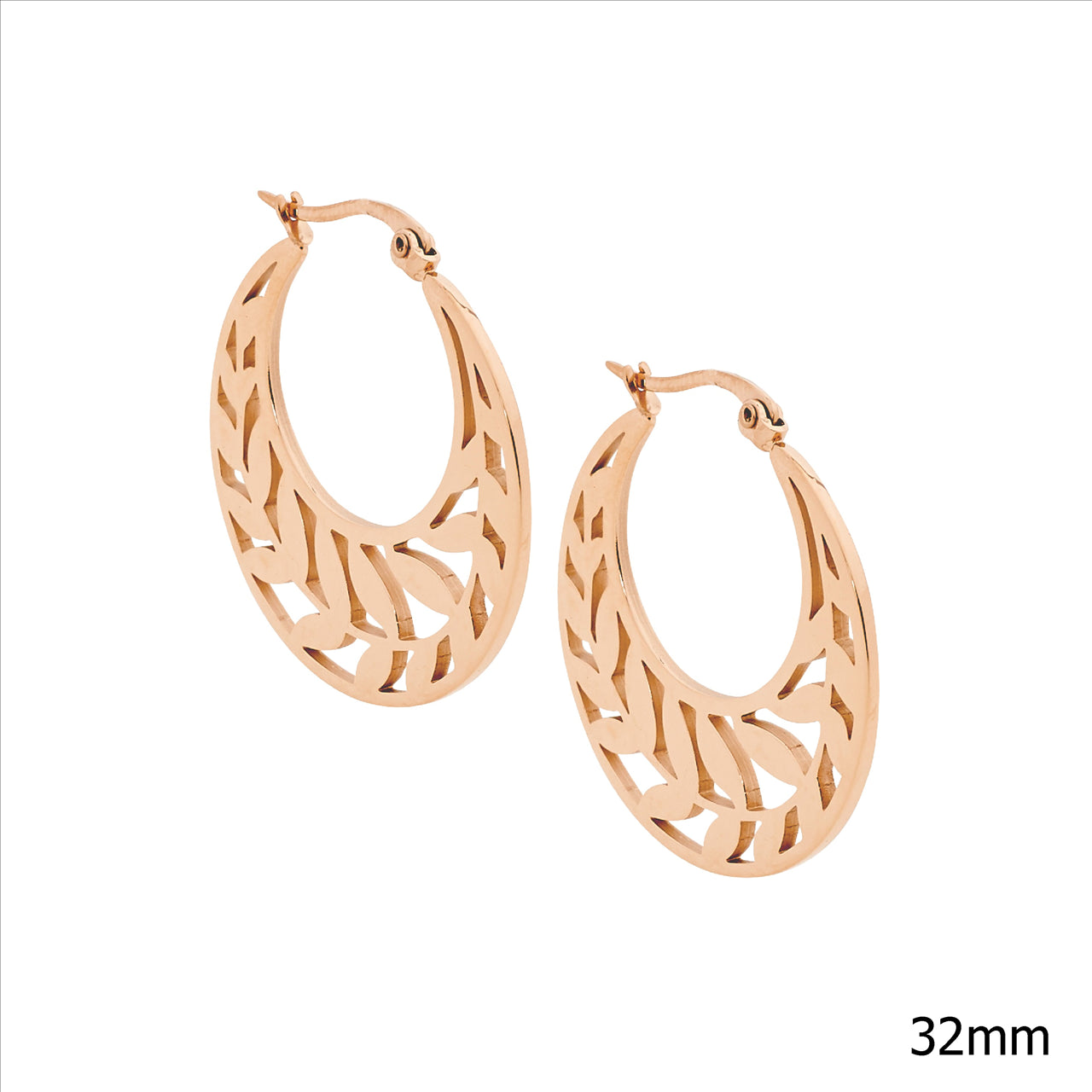 Ladies Stailess Steell 32Mm Hoop Earrings Featuring A Leaf Pattern And Rose Gold Ion Plating