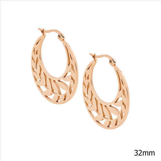 Ladies Stailess Steell 32Mm Hoop Earrings Featuring A Leaf Pattern And Rose Gold Ion Plating