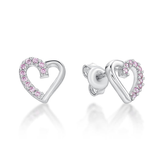 Sterling Silver Heart Shape With Pink Cubic Zirconia Stones Set Around One Side Of The Heart.