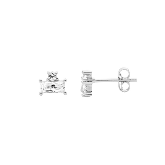 Sterling Silver White Cubic Zironia Baguette And Round Stud Earrings