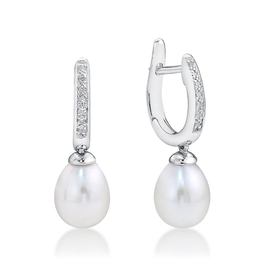 Sterling Silver Fresh Water Drop Huggie Earring With Cubic Zirconia