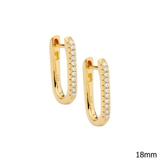 Sterling Silver White Cubic Zirconia18mm Oval Hoop Earrings W/Gold Plating