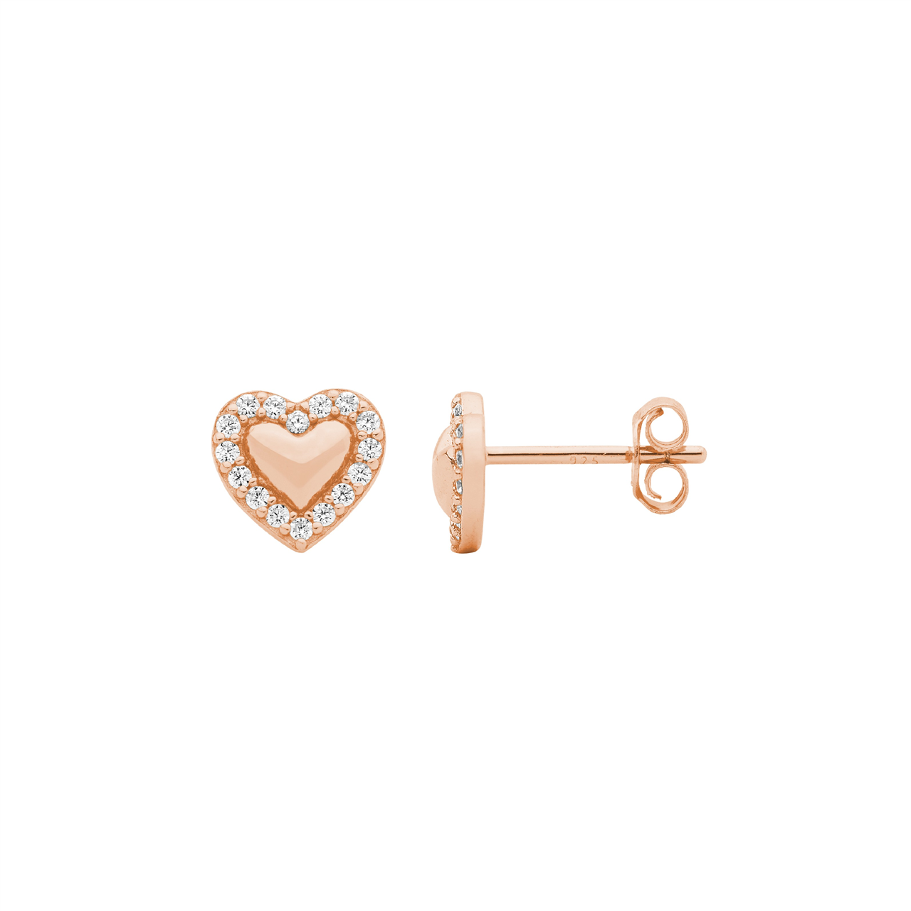 Ss 8Mm Heart Earrings W/Wh Cz Surround & Rose Gold Plating