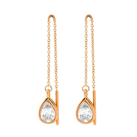 Stainless Steel Thread Earrings W/Wh Cz Pear & Rose Gold Ip Plating