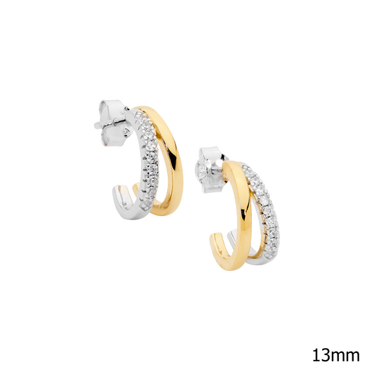 Ss 13Mm Dble Split Hoop Earrings , 1 Hoop Wh Cz W/Gold Plating