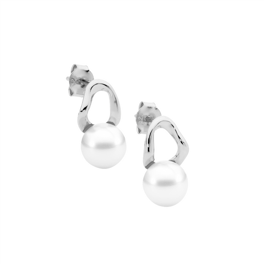 Sterling Silver Open Wave Oval Earrings W/Freshwater Pearl