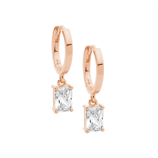 Sterling Silver 13Mm Huggie Earrings W/5X7 Radiant Wh Cz Drop, Rose Gold Plating