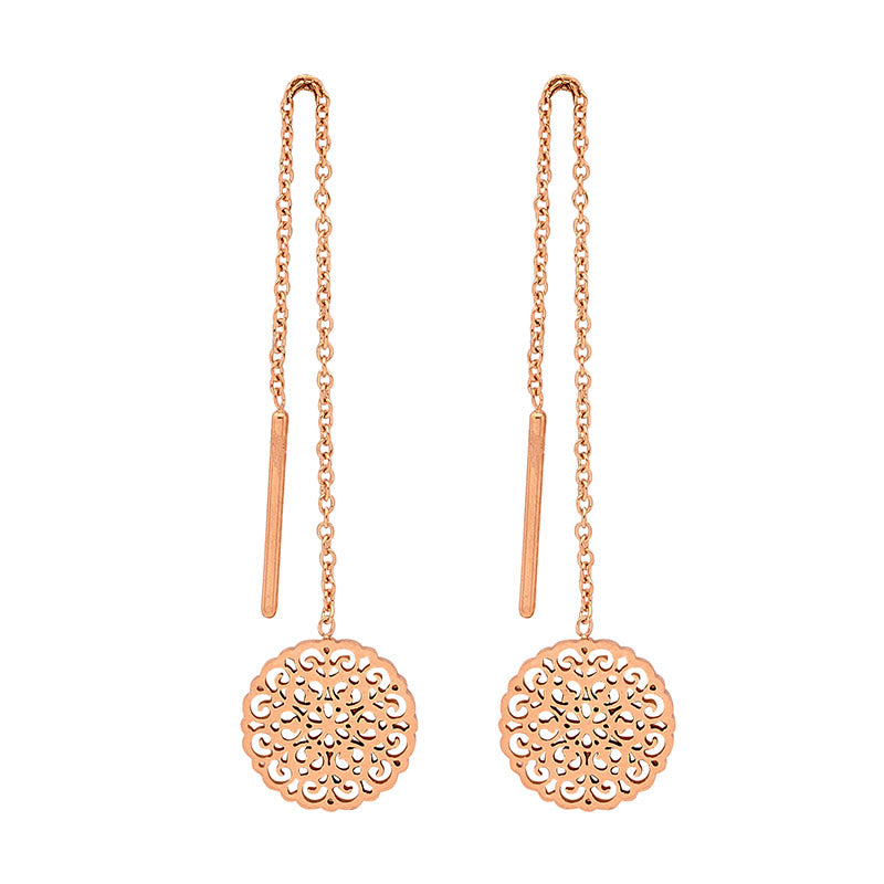 Stainless Steel Thread Earrings W/Filigree Disk & Rose Gold Ip Plating