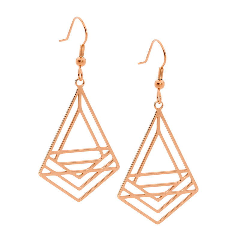 Stainless Steel Abstract Triangle Drop Earrings W/Rose Gold Ip Plating