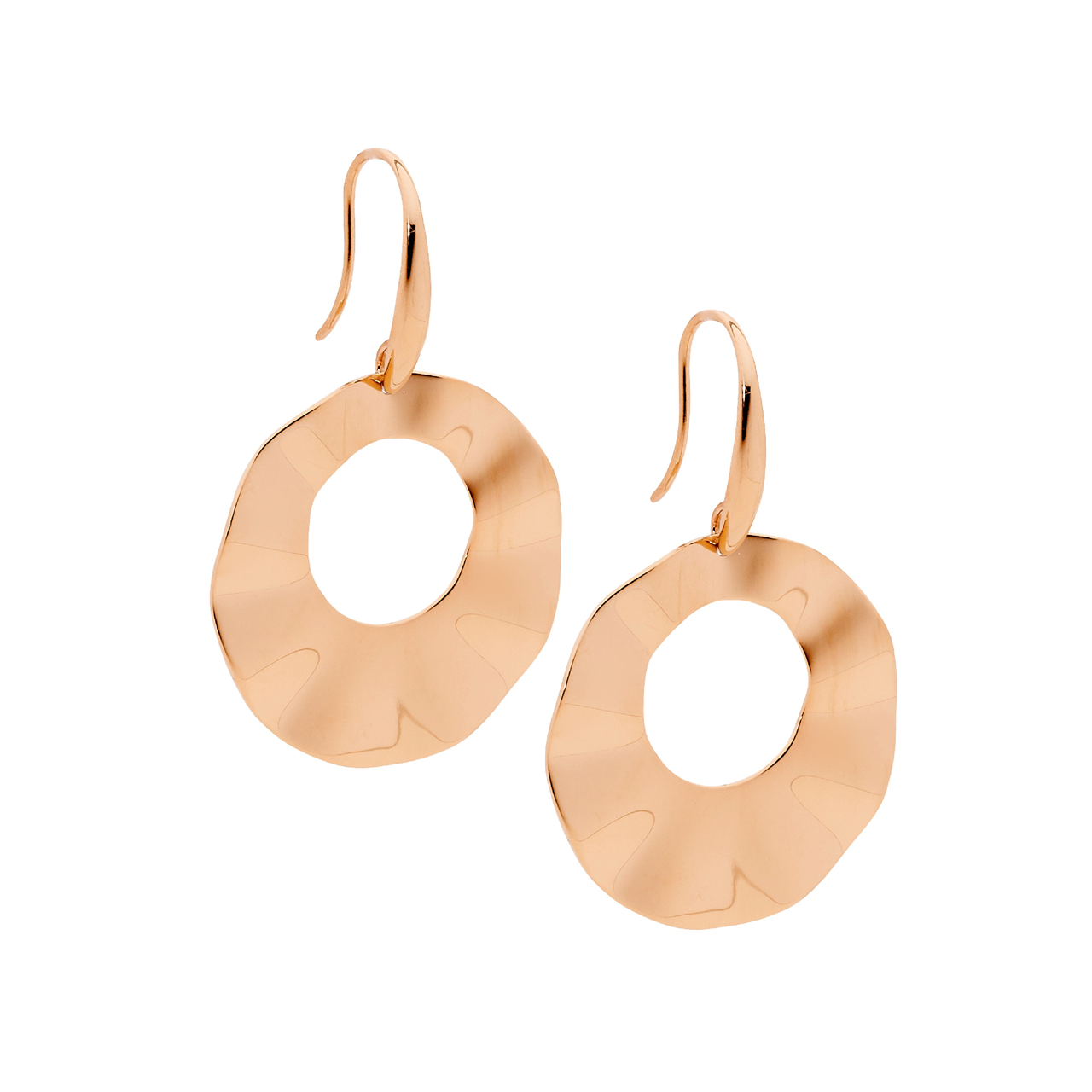Stainless Steel 3Cm Open Wave Disk Drop Earrings W/Rose Gold Ip Plating