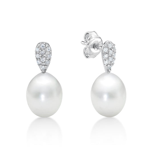 8Mm Freshwater White Pearl, Pave Tear Drop Earrings