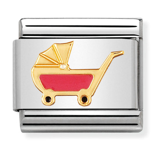 Stainless steel 18ct yellow gold pram charm