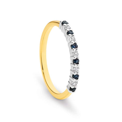 Introducing our captivating 9ct Two-Tone Sapphire & Diamond Ring – where timeless elegance meets modern sophistication.