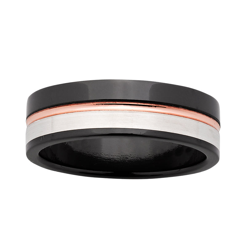 Zirconium Band With 9Ct Rose Gold And Sterling Silver Inlay
