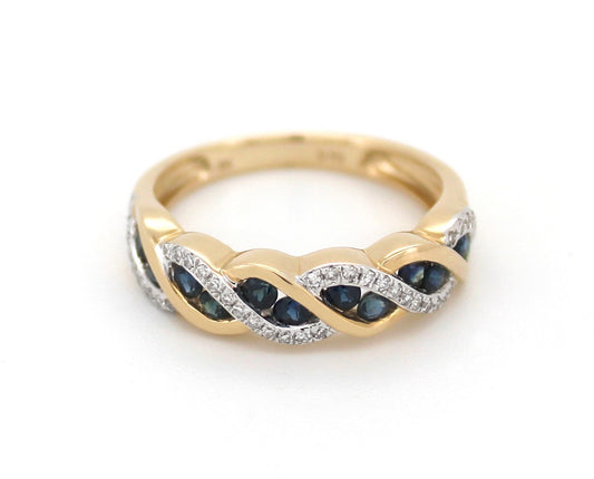 9 carat yellow gold sapphire and diamond twist ring