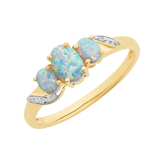 9CT YELLOW GOLD OPAL AND DIAMOND RING