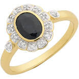 9Ct Yellow Oval Sapphire Bezel Set With Halo Of Diamond Around Sapphire And Two Small Diamonds In Each Shoulder