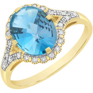 9Ct Yellow Gold London Blue Topaz And Diamond ring( size N)
