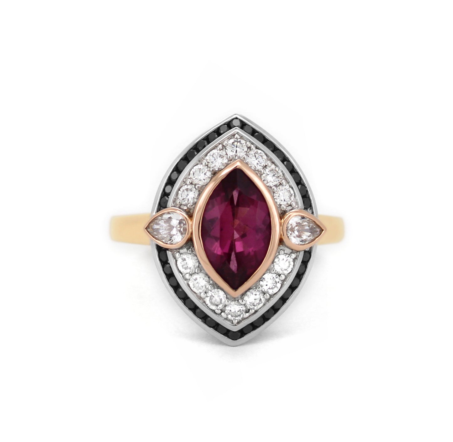 18Ct Y/W Gold With White And Black Diamonds With Pink Centre Tourmaline Marquise