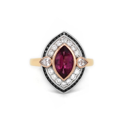18Ct Y/W Gold With White And Black Diamonds With Pink Centre Tourmaline Marquise