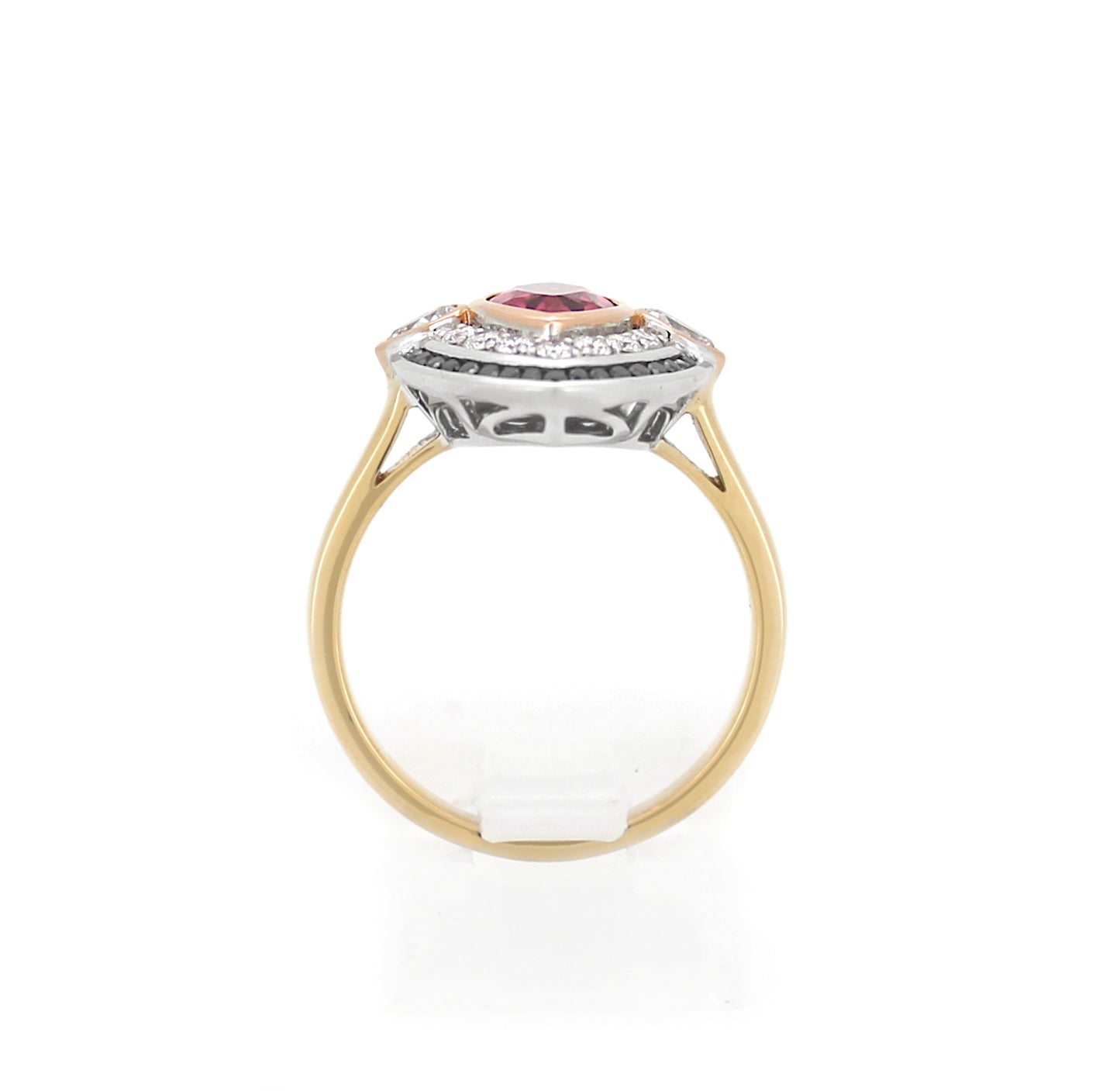 18Ct Y/W Gold With White And Black Diamonds With Pink Centre Tourmaline Marquise