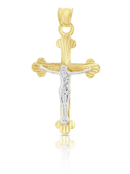 9Ct Yellow and White Gold Diamond Cut Crucifix Pendant