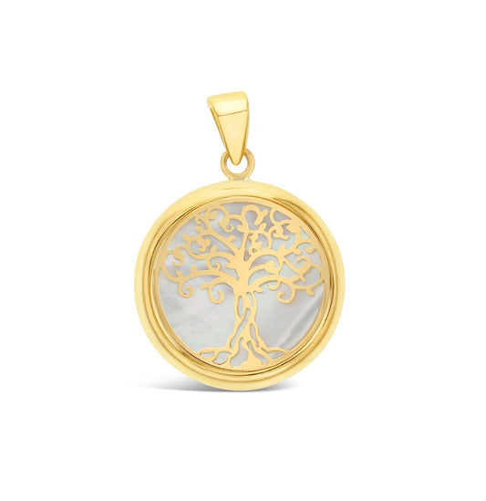 9Ct Yellow Gold Tree Of Life Pendant With Mother Of Pearl Inlay