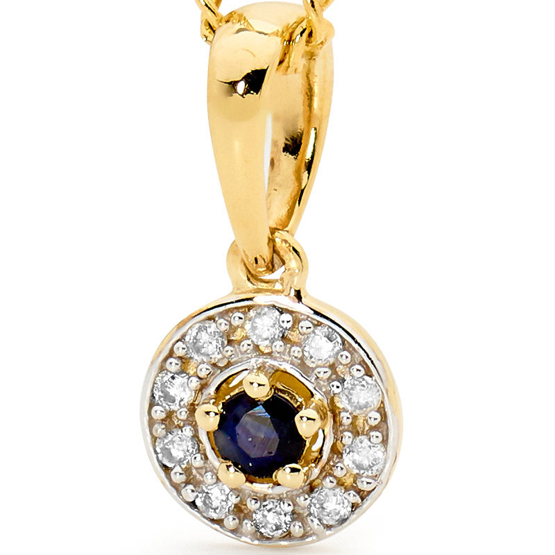 Ladies 9Ct Yellow Gold Sapphire And Diamond Halo Pendant
