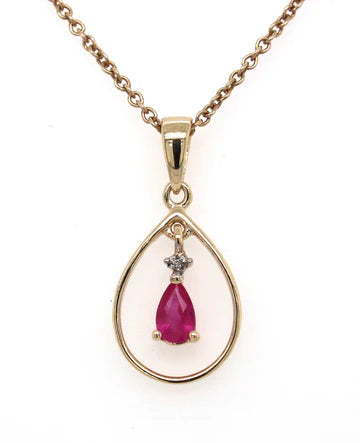 9Carat Yellow Gold Pear Shape Ruby And Diamond Pendant
