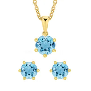 9Ct Yellow Gold 6Mm Blue Topaz Pendant And 9Ct Yellow Gold 4Mm Blue Topaz Stud Earring Set