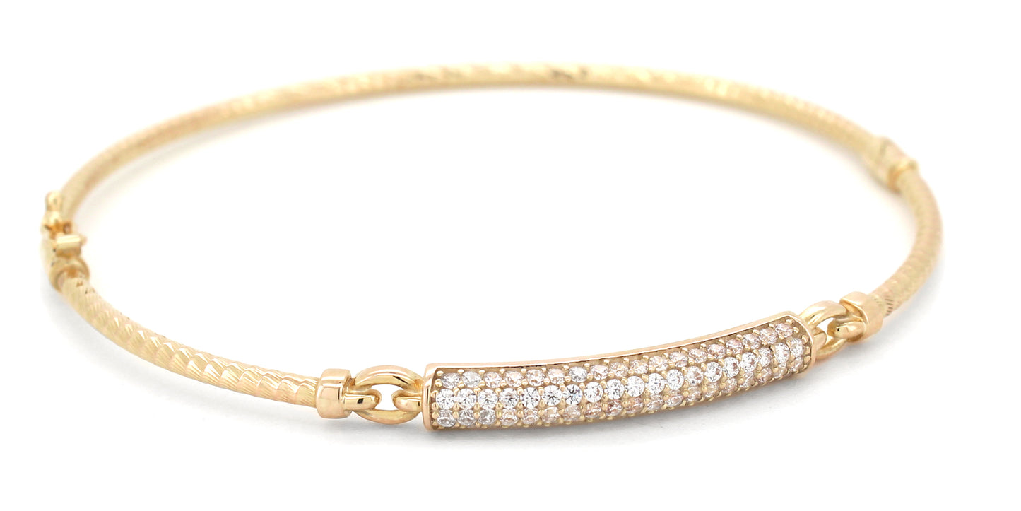 Elegant 9ct hinged bangle with cubic zirconia.