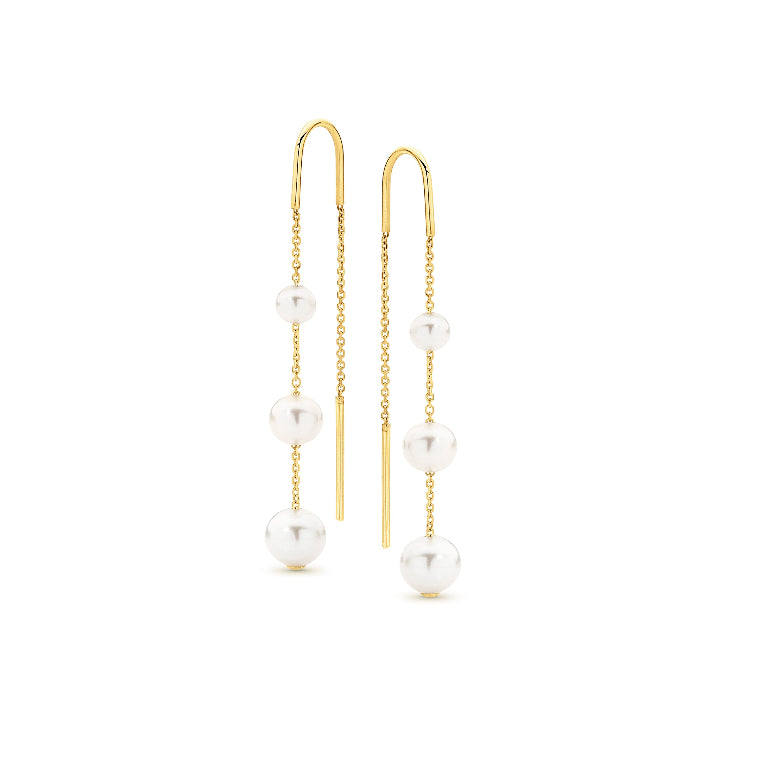 9 carat yellow gold white 4- 6mm nr round freshwater pearl chain hook earring