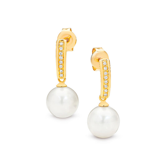 9 carat yellow gold white round edi. 9mm pave earrings dia. 0.088ct