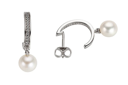 Earrings 9 Carat White Gold Studs Freshwater Pearl Bouton Rounded 7.5Mm And Full Cut Diamonds 0.08Ct Hsi Round