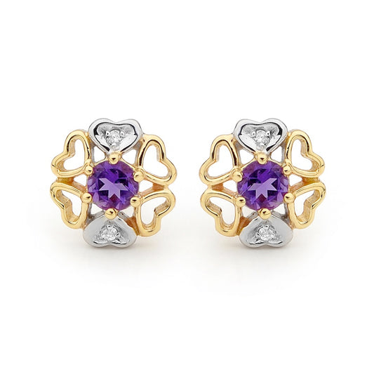 Amethyst Heart Petal Earrings with Diamonds