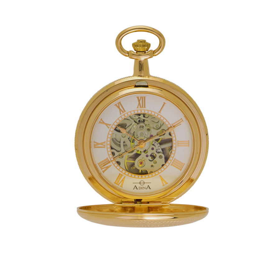 Adina Gold-Plated Double Hunter Mech Pocket Watch Roman Dial Chain and Box