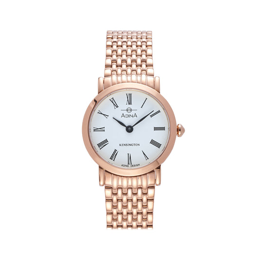 Ladies Kensington Dress Watch 30M Water Resistant Rose Gold Ion Plated With White Face And Black Batons