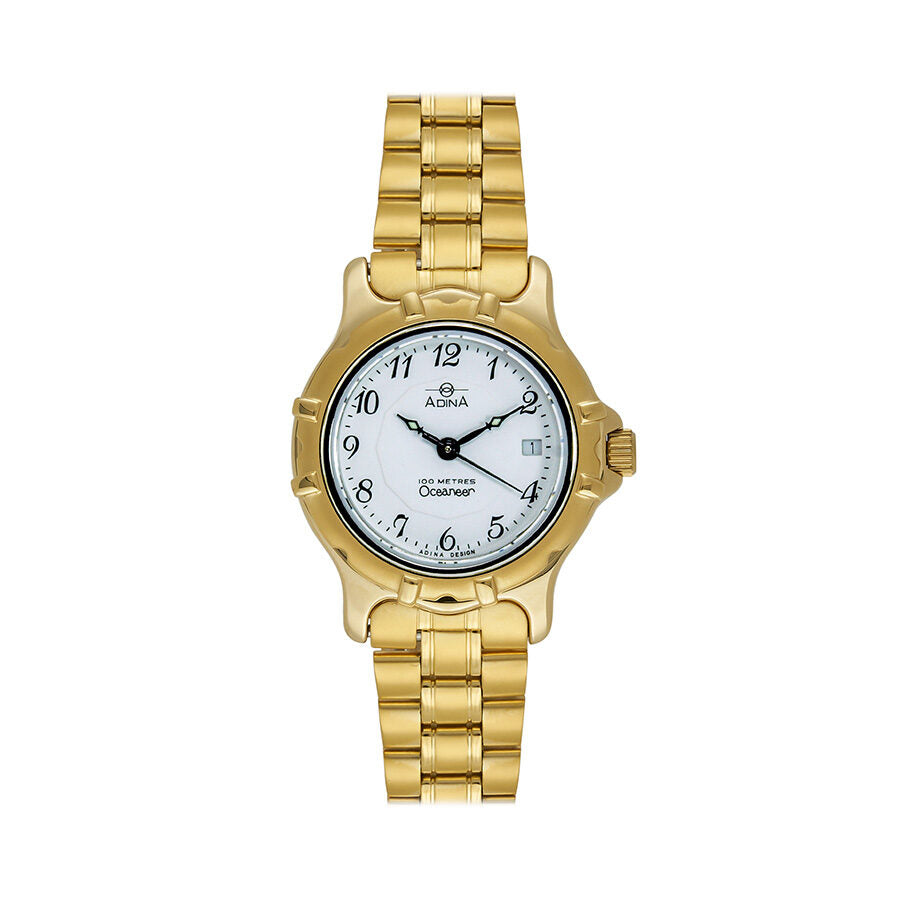 Ladies Gold Plated Stainless Steel White Face Arabic Numbers Sapphire Glass 100M Water Resistant Watch
