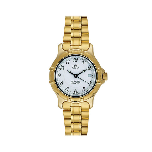 Ladies Gold Plated Stainless Steel White Face Arabic Numbers Sapphire Glass 100M Water Resistant Watch