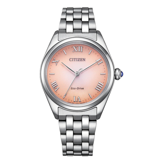 Womens Dress Eco-Drive Stainlesssteel Peach Roman Bracelet 50M Water Resistant Watch. 5 Year Warranty And 6Month Power Reserve
