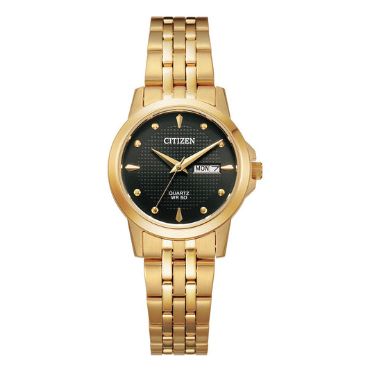 Ladies Dress Quartz Stainless Steel Gold Plated Black Batons 50M And 5 Year Warranty Day And Date
