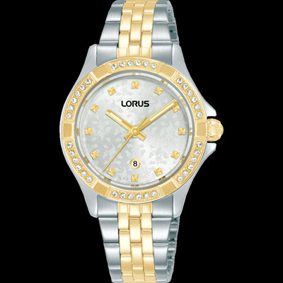 Ladies Stainless Steel 2 Tone 100M Water Resistant With Crystals Set To The Watch Case