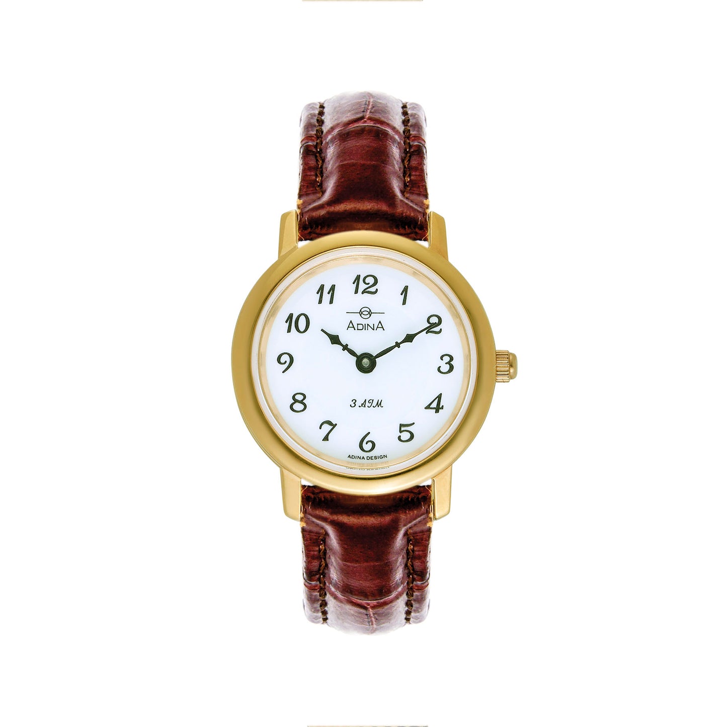 Ladies 30M Stainless Steel Gold Plated White Arabic Number With Brown Leather Strap