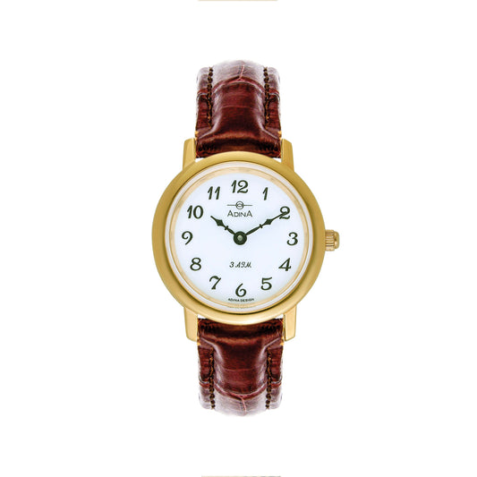 Ladies 30M Stainless Steel Gold Plated White Arabic Number With Brown Leather Strap