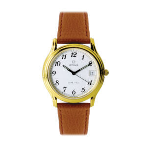 Unisex Gold Plated White Face Full Figure Stainless Steel Watch With Brown Strap