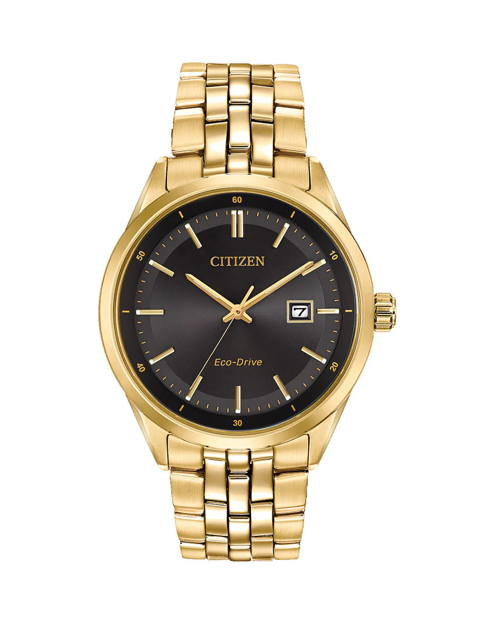 Gents eco drive black face stainless steel gold plated date watch and 5 year warranty.