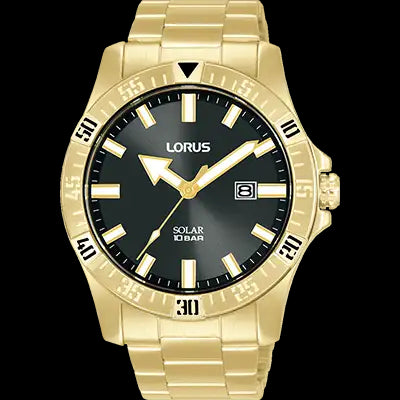 Men's Solar Sports Dress With A Stainless Steel Bracelet Band, Gold Plated, And 100 Meters Water Resistant.