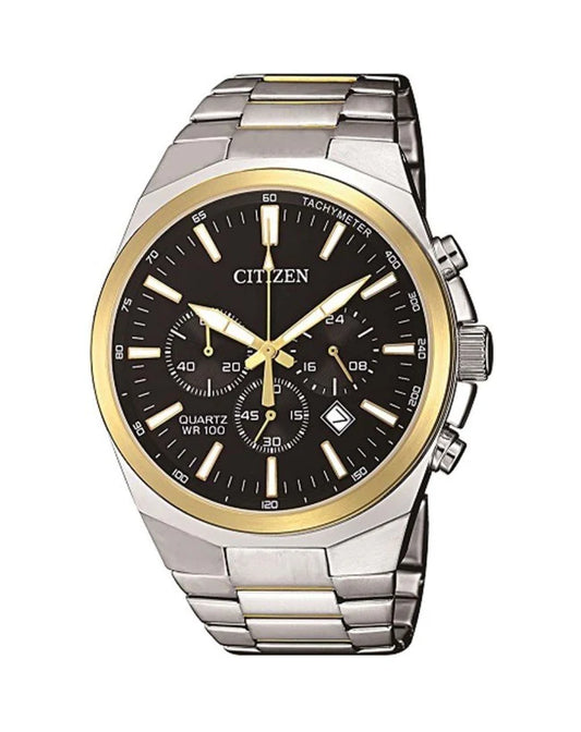 Citizen Gents Chrono Black Face Stainless Steel 100M Wr With Stainless Steel Bracelet