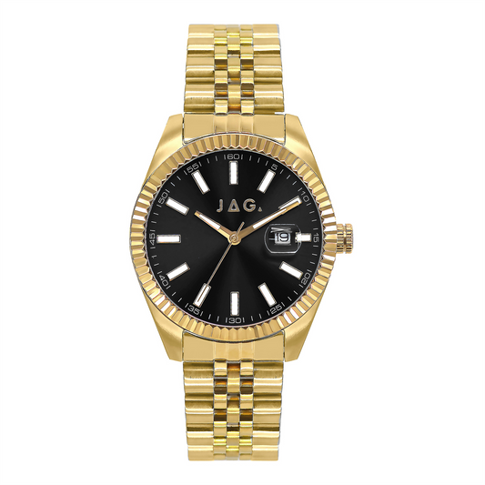 Mens Gold Plated Stainless Steel Black Face Bracelet Watch